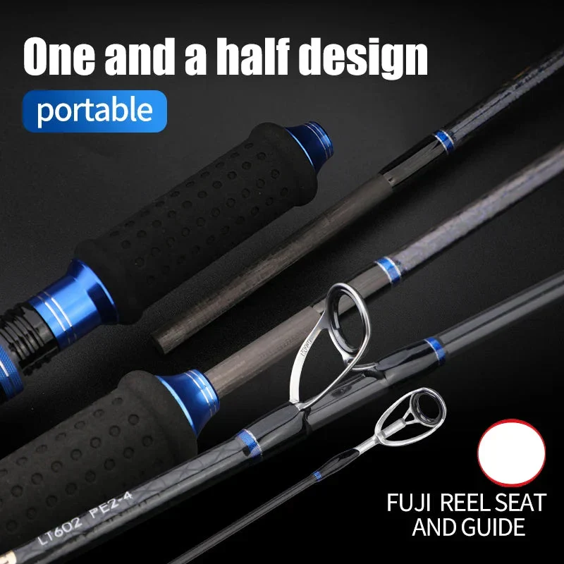 Canne à jigging rapide en 2 sections de 1,8 m, en fibre de carbone, pour eau salée, noire