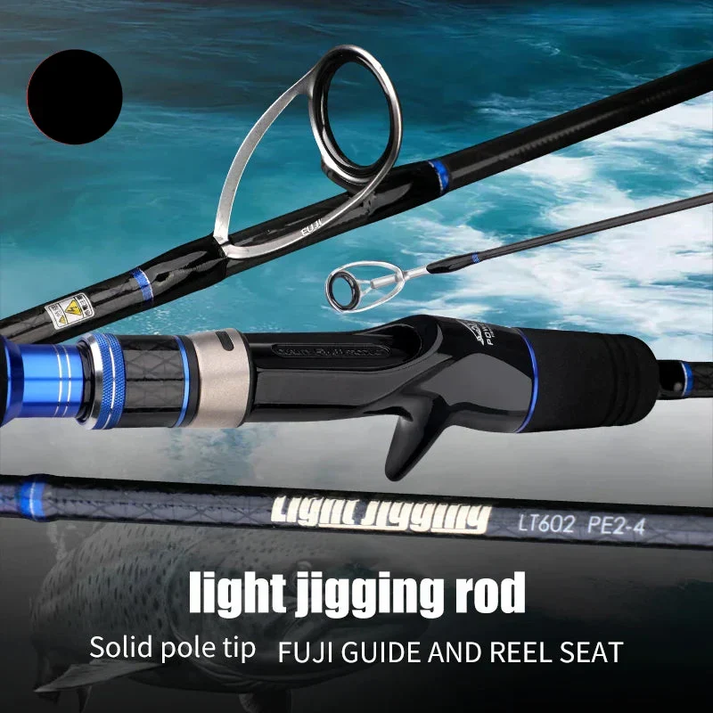 Canne à jigging rapide en 2 sections de 1,8 m, en fibre de carbone, pour eau salée, noire